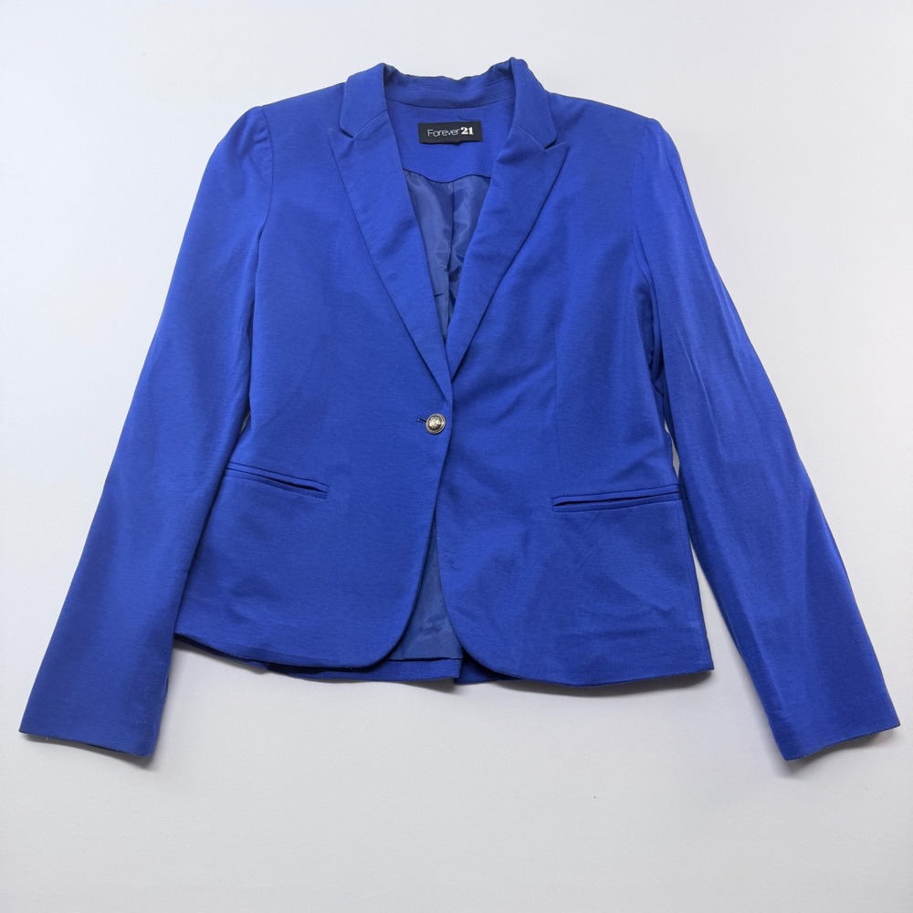 Forever 21 Royal Blue Single Button Blazer Notched Lapel Stretch Jacket Cobalt